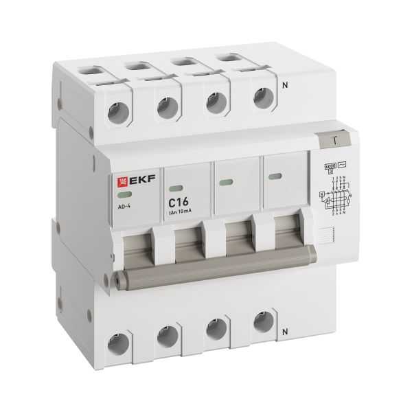Дифференциальный автомат АД-4 16А/10мА (х-ка C, АС, электронный) 6кА EKF PROxima