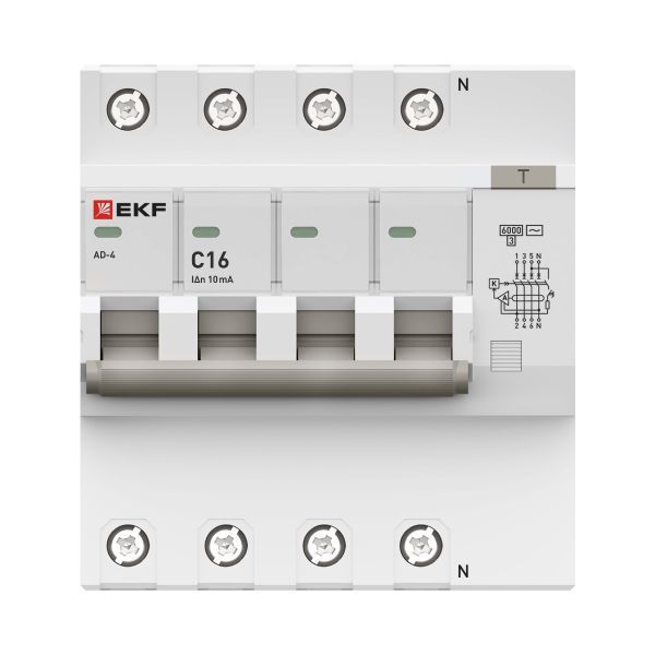 Дифференциальный автомат АД-4 16А/10мА (х-ка C, АС, электронный) 6кА EKF PROxima