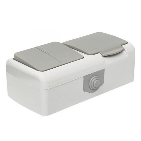 Мурманск Блок розетка 1-м 16А с заземлением с крышкой + 2-кл выключатель IP54 серый EKF